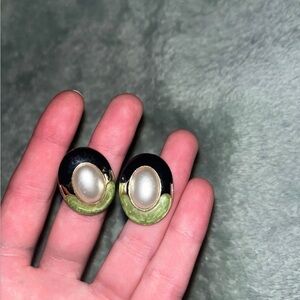 Vintage Black and Gold Earrings with Pearl Accent